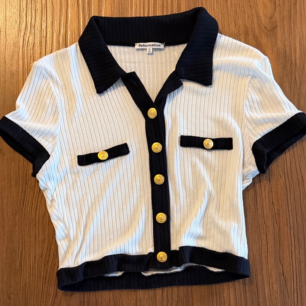 Reformation White Polo Crop Top with Black Trim & Gold Buttons
